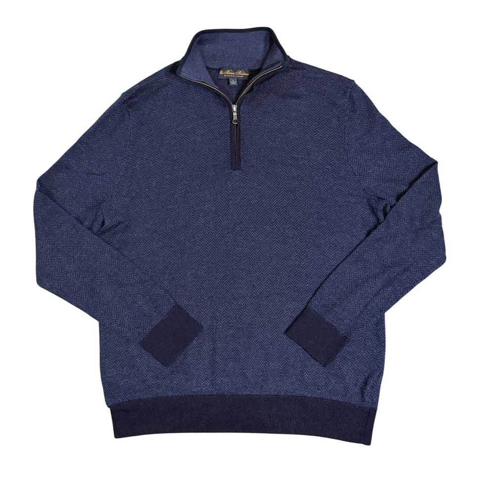 Brooks Brothers Mens Quarter Zip Extra Fine Merino Wool Herringbone Sweater L